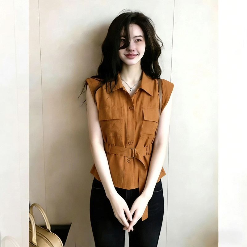Stylish and Elegant Waist-Cinching Slimming Shirt with Belt for Women, Summer Sleeveless Blouse with Flutter Sleeves, Unique Top