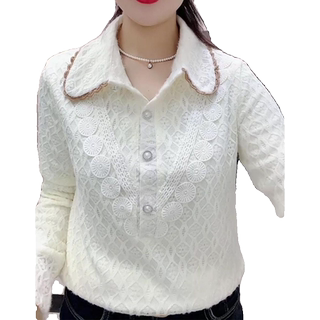 娃娃领蕾丝衫潮2024年冬季新款洋气遮肚显瘦百搭加绒加厚打底衫女