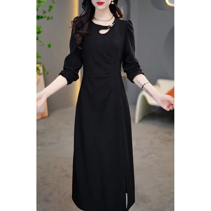 Designed with Pleats to Slim the Waist, Slit Mid-Length Skirt, 2026 Autum Fashion New Style Pure Color Long-Sleeved Dress Designed with Pleats to Slim the Waist, Slit Mid-Length Skirt, 2026 Autum Fashion New Style Pure Color Long-Sleeved Dress
