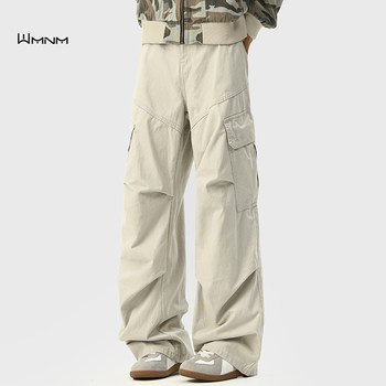 Wmnm Japanese-Style Wide-Leg Cargo Pants for Men, Spring and Autumn, Pure Cotton, Large Pockets, Loose Paratrooper Pants, Vintage Straight-Leg Casual Pants