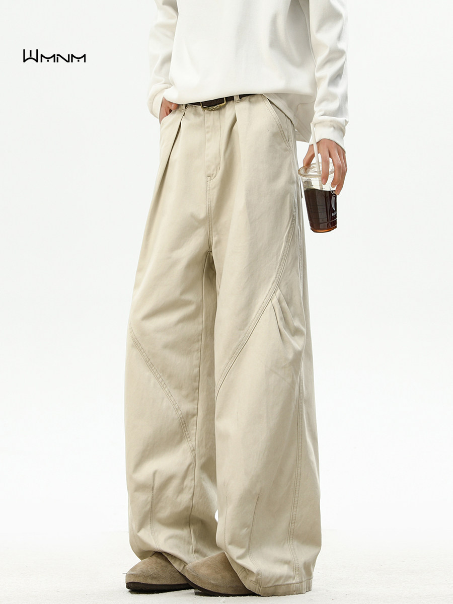 Wmnm American-Style Cleanfit Cargo Pants for Men, Spring and Autumn, Deconstructed Pleated Straight-Leg Pants, Pure Cotton, Cool and Casual Long Pants