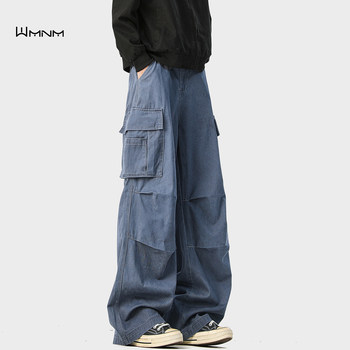 American-Style Workwear Blue Cargo Pants for Men, Trendy Brand, High-End Feel, Multi-Pocket, Pure Cotton, Pleated, Straight-Leg, Wide-Leg Pants for Autumn