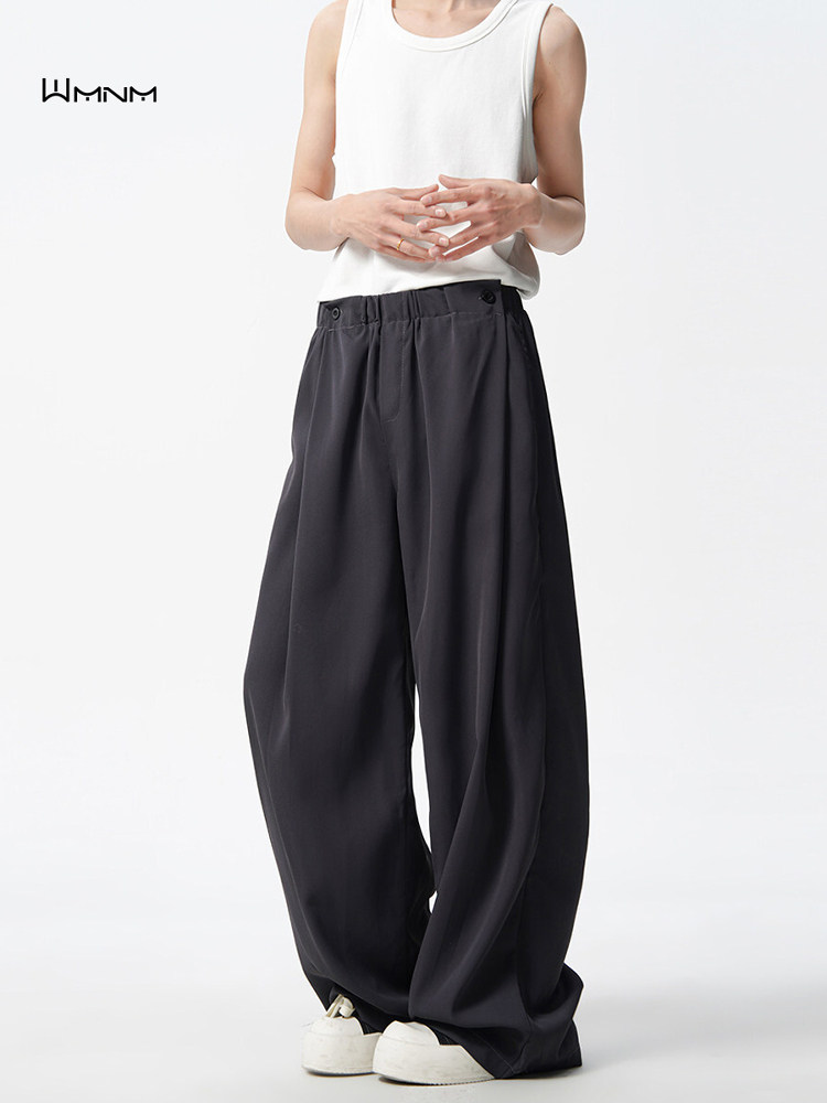 Wmnm American-Style Gray Pleated Dress Pants for Men, Thin, High-End, Cool and Stylish, Drapey, Cleanfit, Scimitar Wide-Leg Pants for Summer