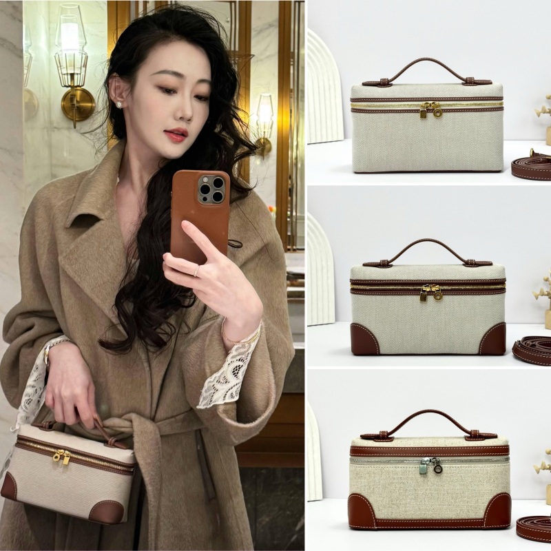 Lp Imported Calfskin Canvas Color-Blocked Bag Lp19 Lunch Box Bag Casual Tote Box Bag Genuine Leather Small Square Cosmetic Bag