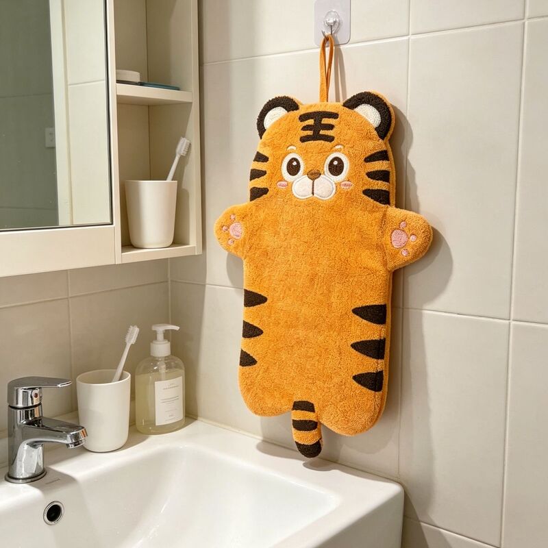 Creative Cartoon Little Tiger Oversized and Thickened Coral Fleece Hand Towel, Special Hanging Towel for Kitchen and Bathroom