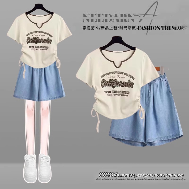 Petite Sweet and Cool Outfit for Women, New Summer Style, Student Korean Version, V-Neck Drawstring Short-Sleeve T-Shirt and Denim Shorts Two-Piece Set Petite Sweet and Cool Outfit for Women, New Summer Style, Student Korean Version, V-Neck Drawstring Short-Sleeve T-Shirt and Denim Shorts Two-Piece Set