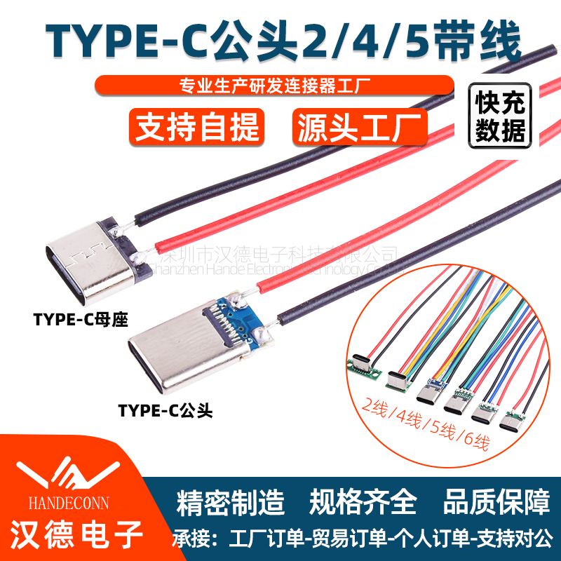 Type-C Male and Female Connectors 2P Soldering Wire with Cable Simple USB Socket Charging Interface C Port 2-Pin Soldering Terminal C Port