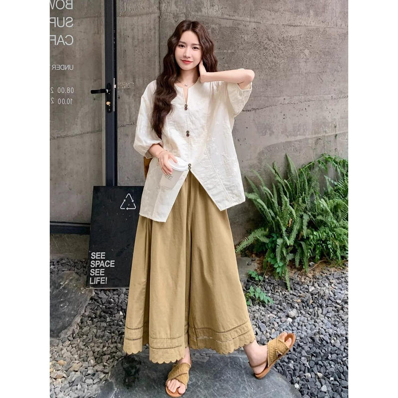 Plus-Size Women's 150kg Korean Style Age-Reducing Slit Top Summer Loose Slimming Hollow Lace Skirt Pants Two-Piece Set 2