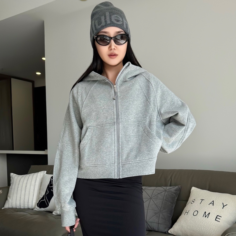 [International Version] Lulu Scuba Women's Loose Fit Sweatshirt Full Zip Hooded Jacket Casual Short Top