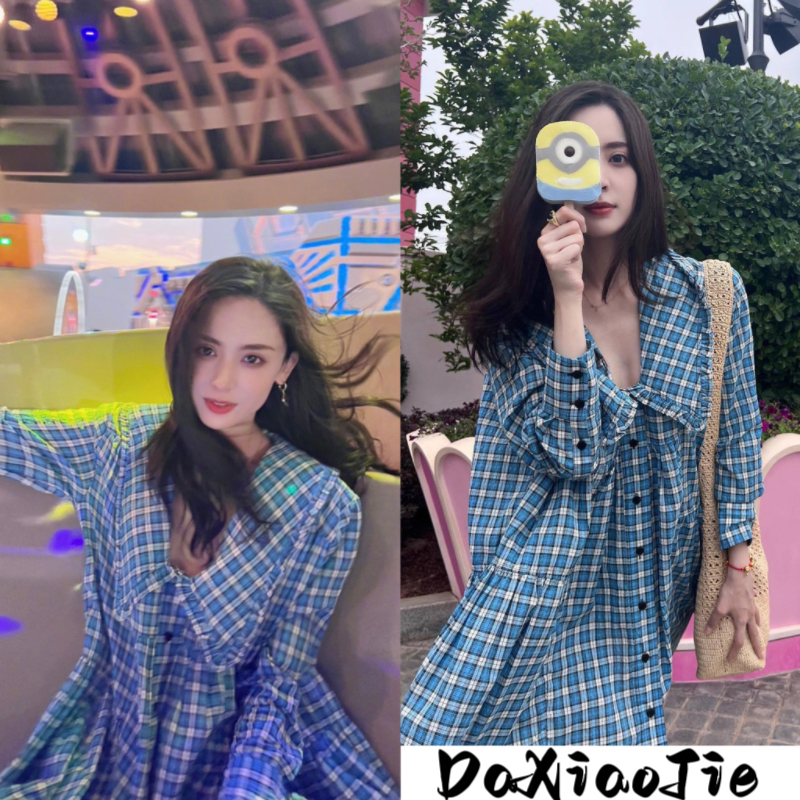 Gulinaza's Same Style Blue Plaid Dress for Women, Preppy Style, Loose Slimming Look Waist Shirt, Mid-Length Skirt