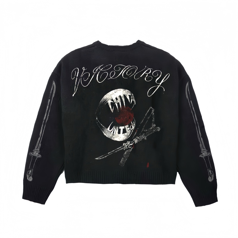Intowang 26Fw "Stop the Swordplay" Double-Sleeve Tang Sword Final Battle Distressed Print Sweater Cardigan