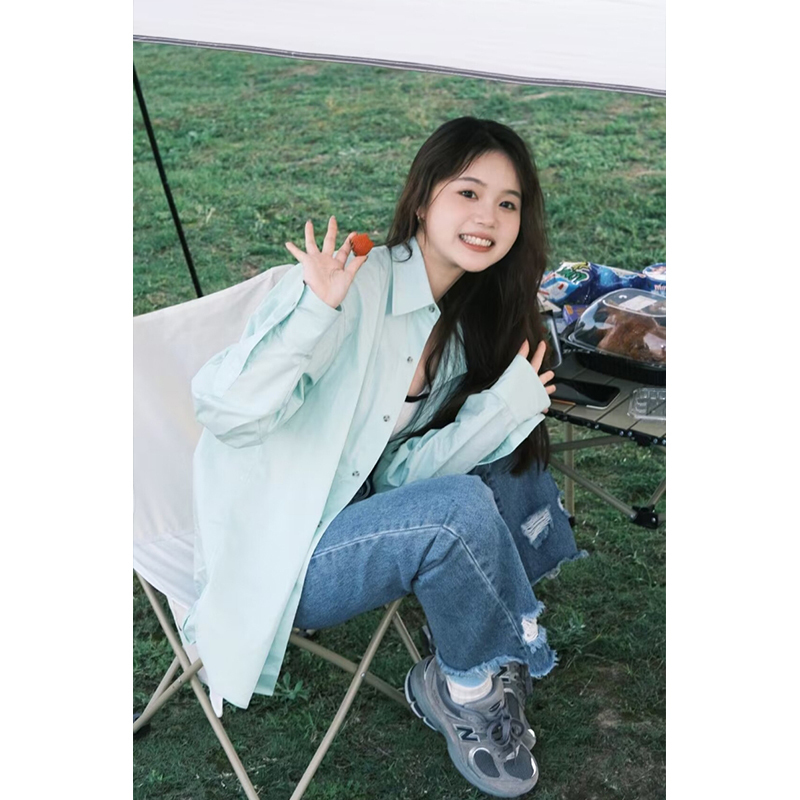 Salt Green Casual Shirt for Women, Spring and Autumn New Loose Fit Polo Collar Shirt, Korean Style Versatile Jacket