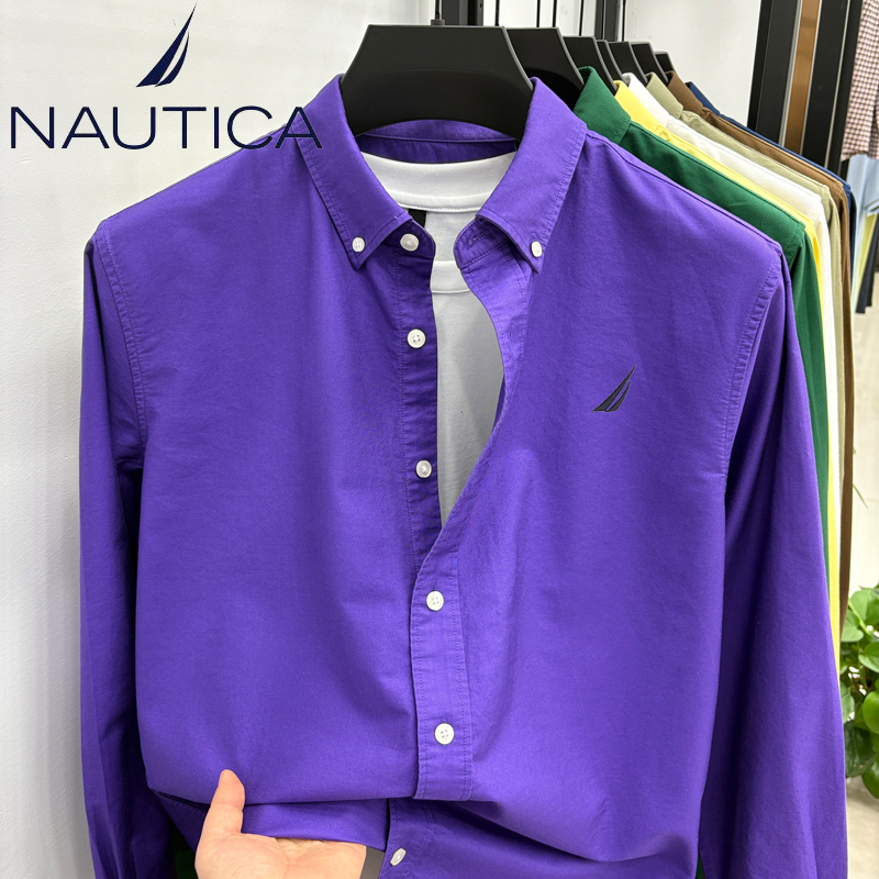 Nautica/Notica Men's Spring and Autum Pure Cotton Shirt Casual Soft Breathable Pure Color Long-Sleeved Shirt for Men