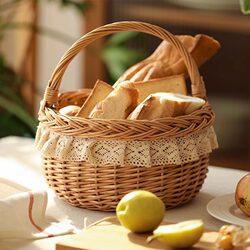 Wicker Woven Satchel picnic basket pastoral style Lace fabric storage basket bamboo storage basket rattan storage basket