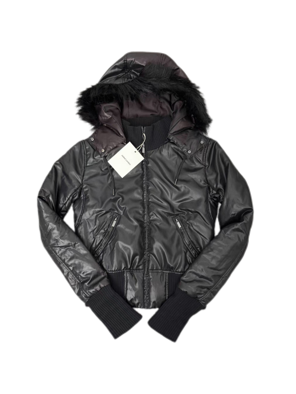 Jaded London Punk Black Glossy Nylon Short Detachable Fur Collar Cotton Jacket