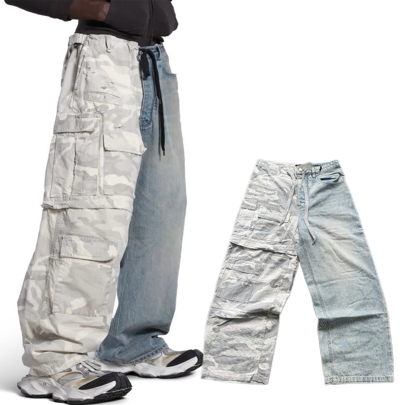 B/L 24Ss High-End Drawstring Camouflage Plaid Fabric Work Pants with Denim Patchwork, Loose Wide-Leg Trousers
