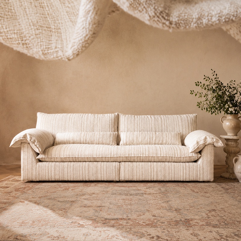 Persimmon Life Soufflé Fabric Sofa Living Room Vintage French Mid-Century Straight-Row Small Apartment Three-Seater Removable and Washable