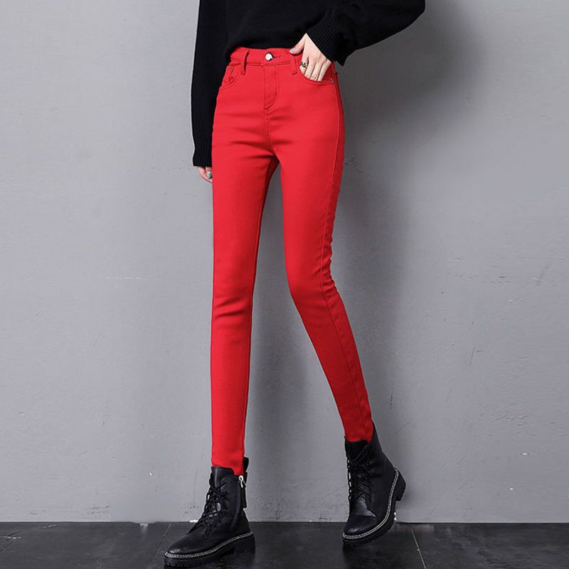 Red Jeans for Women 2026 Spring and Autumn New High-Waisted Slimming Skinny Casual Pants Straight-Leg Pencil Pants for Women