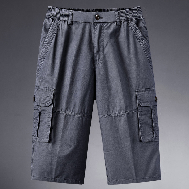 Summer Men's Shorts, Pure Cotton, Middle-Aged and Elderly, Three-Quarter Length Work Pants, Loose Fit, Multi-Pocket, Dad's Summer Wear, Open Hem 7/8 Length Pants