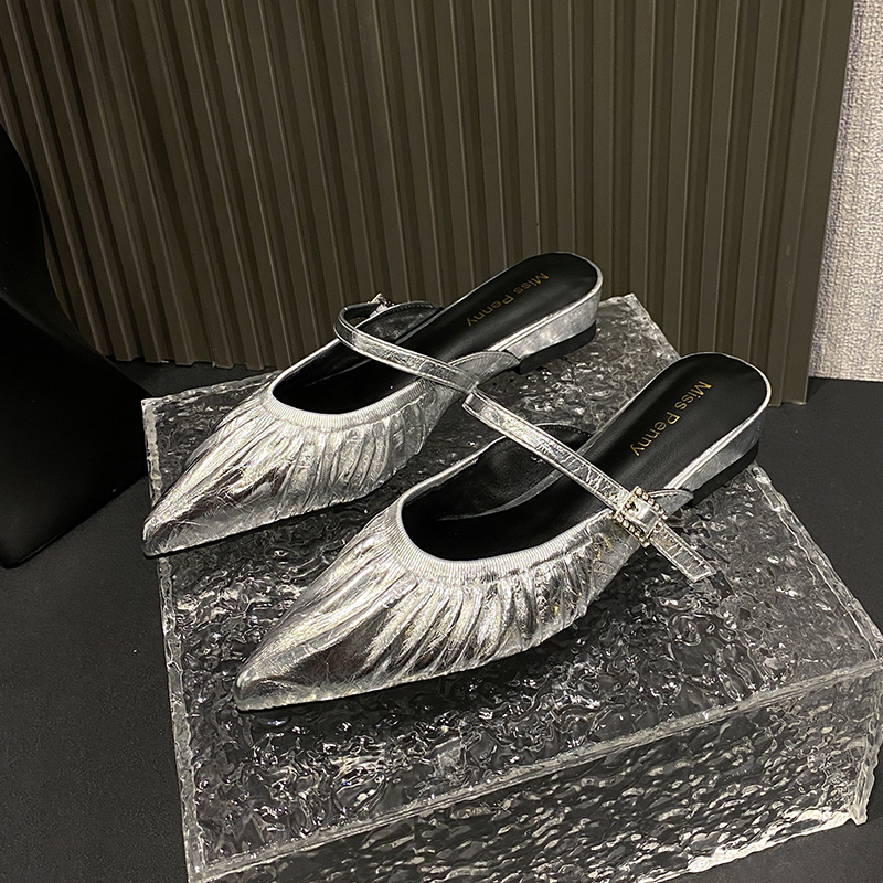 Hong Kong French-Style Silver Pleated High-Heeled Sandals for Women 2025 Summer New Pointed-Toe Mules Closed-Toe Half-Slippers