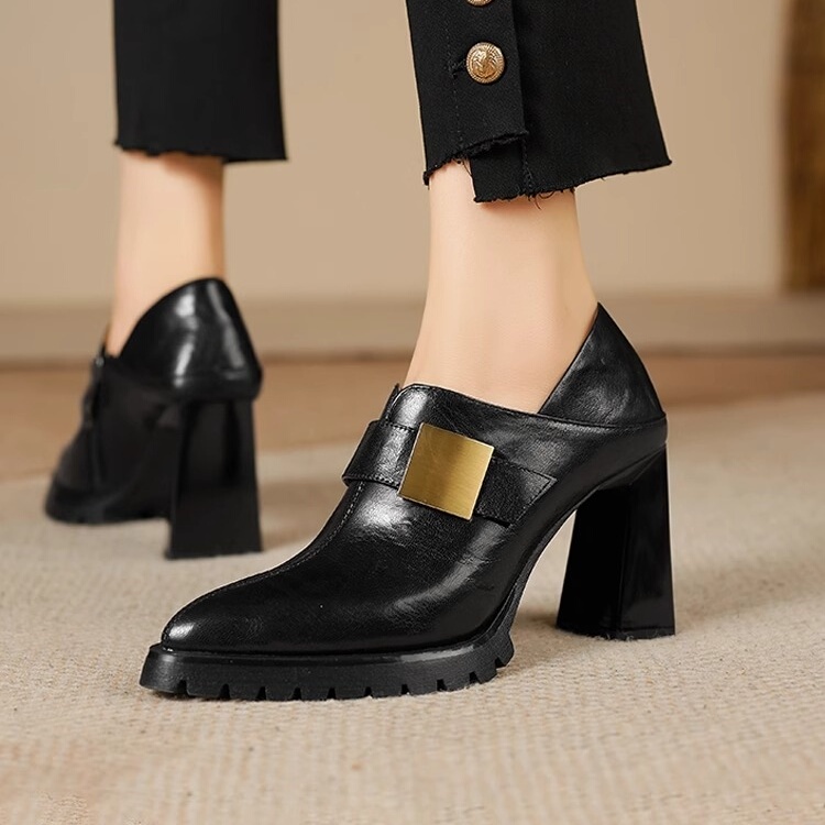 Genuine Leather Ultra-High Heel Platform Women's Shoes with Chunky Heels, New Spring and Autumn Pointed-Toe Leather Shoes for Petite Women, Thick-Soled Deep-Cut Single Shoes