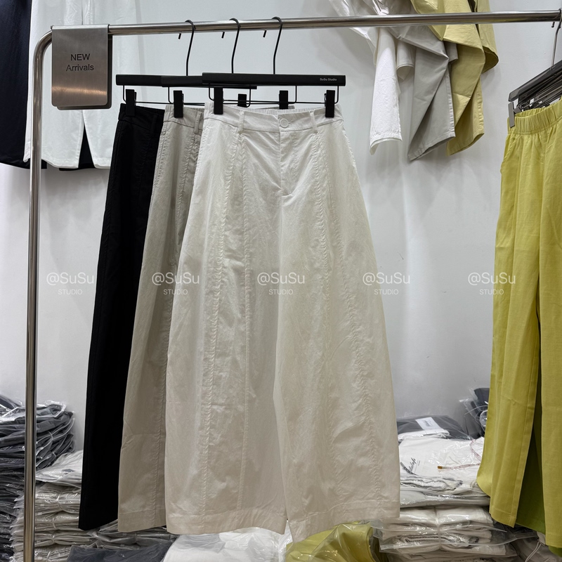 High-End European Style Summer New Elastic High-Waisted Slimming Casual Pants for Women, Straight Wide-Leg Cropped Balloon Knife-Cut Pants