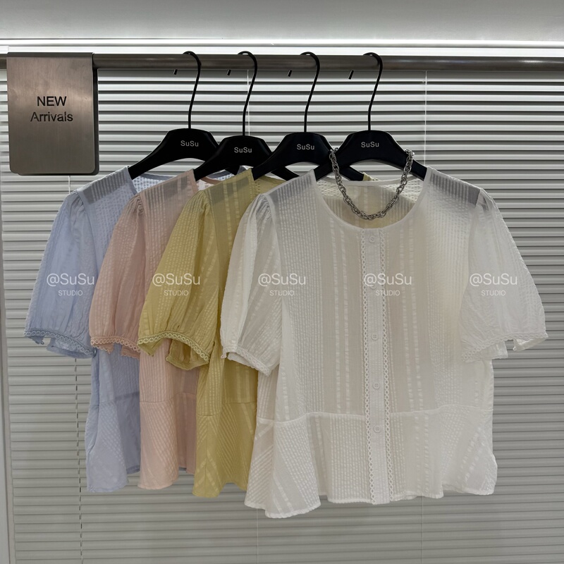 High-End European Goods 2026 Summer New Style Round Neck Casual Lace Splicing Single-Breasted Short-Sleeved Shirt Women's Blouse Top