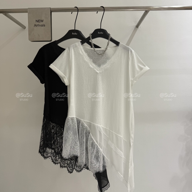 High-End European Goods 2026 Spring New V-Neck Lace Splicing Irregular Hem Short-Sleeved T-Shirt Women's Base Shirt Top