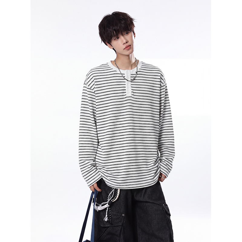 American Retro Loose Striped Long-Sleeve T-Shirt for Men and Women, Autumn 2026 New Simple Ins Style Henley Collar Casual Top
