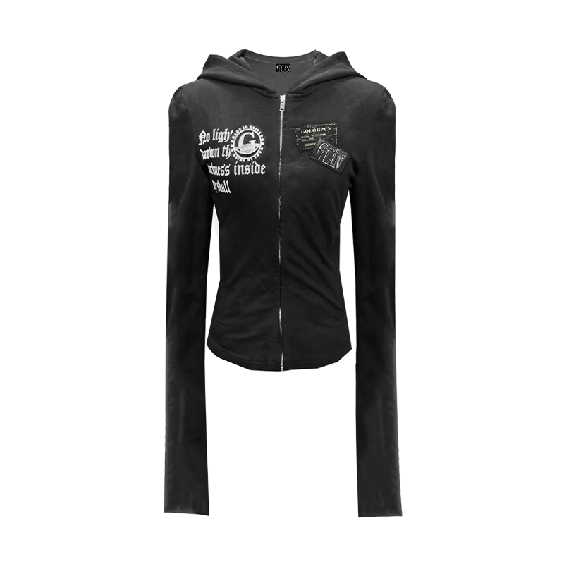 Gods Plan* God's Plan Dark Leather Badge Skull Waist-Slimming Hooded Zipper Jacket for Women