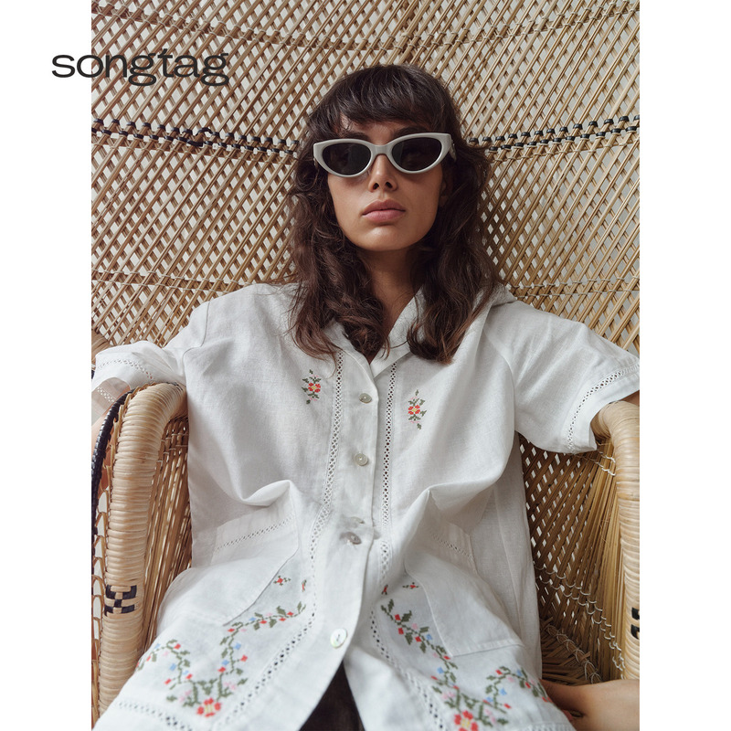 Songtag'High-Count Ramie Cotton' Cuban Collar Shirt, Botanical Cross-Stitch, Loose and Vintage Style
