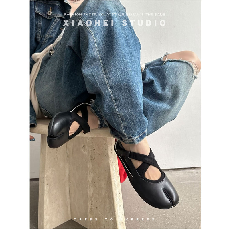 Vintage Cross-Strap Elastic Mary Jane Shoes for Women, Summer Hidden Heel Split-Toe Ballet Flats, Comfortable