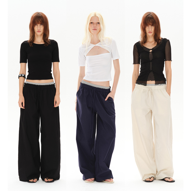 Costustoot Summer Thin Striped Double-Waistband Patchwork Wide-Leg Loose Lightweight Low-Rise Casual Paratrooper Pants