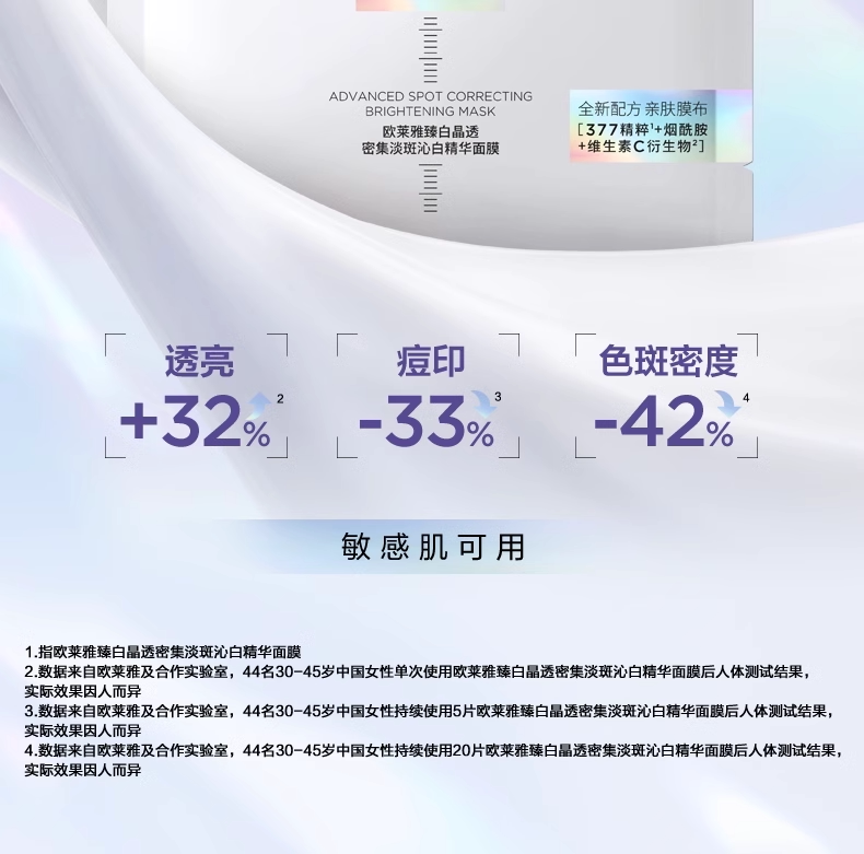 【香港直邮】 法国 巴黎欧莱雅 奶白面膜 烟酰胺美白淡斑面膜5片装 维C提亮补水保湿|熬夜急救去黄气|淡化痘印暗沉|敏感肌可用