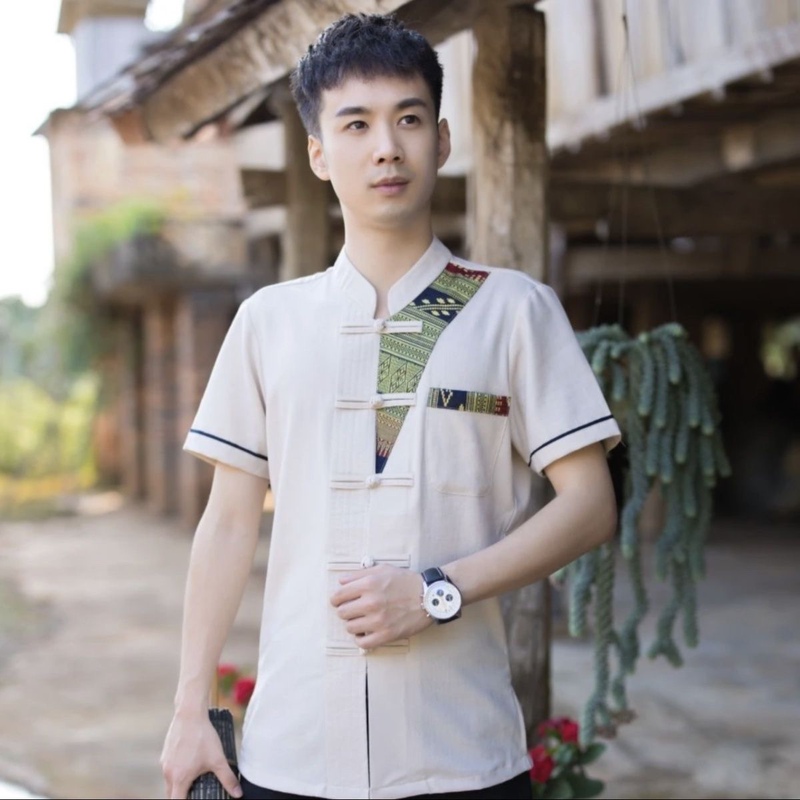 New Chinese Style Summer Men's Clothing, Thin Stand-Up Collar Ethnic Style Men's Shirt, Short-Sleeved Handmade Buttoned Dai Clothing Top