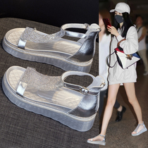 Versatile tool~LW-Changer genuine leather wedge sandals for summer outerwear thick-soled high-heeled rhinestone fish mouth womens shoes