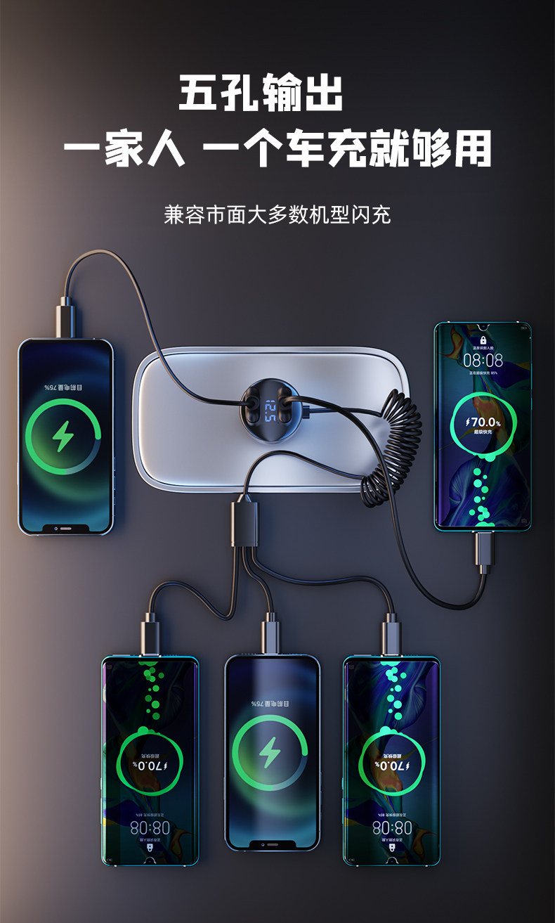 Car Charger with One-To-Three Cigarette Lighter Sockets, Fast Charging, Super Phone Adapter, Car Charger with USB Port