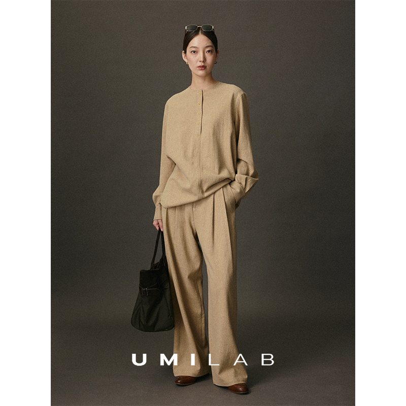 Umilab｜Rock Sequence*Old Money Set Linen+Wool+Cotton Loose Round Neck Top/Elastic Waist Long Pants E268W