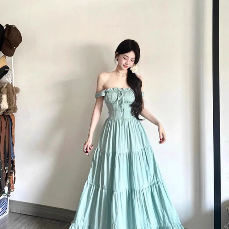 Gentle Mint Green Bow Suspender Dress for Women, Summer Seaside Vacation Style, Waist-Cinching, Slimming Long Dress