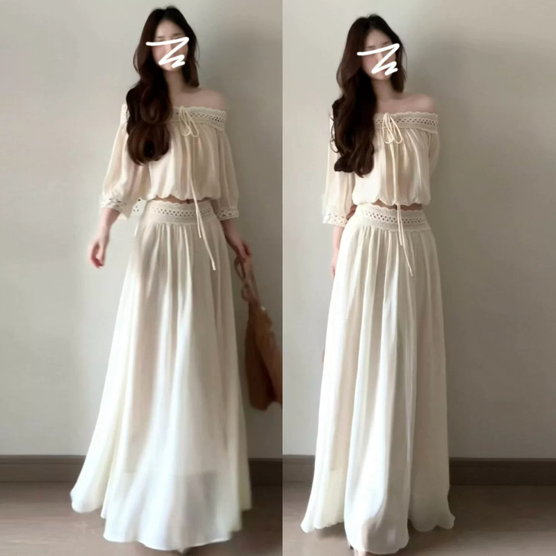 French-Style Elegant Apricot-Colored Hollow-Out Lace Off-Shoulder Long-Sleeve Top and Skirt Set for Women, Stunning Autumn Outfit French-Style Elegant Apricot-Colored Hollow-Out Lace Off-Shoulder Long-Sleeve Top and Skirt Set for Women, Stunning Autumn Outfit