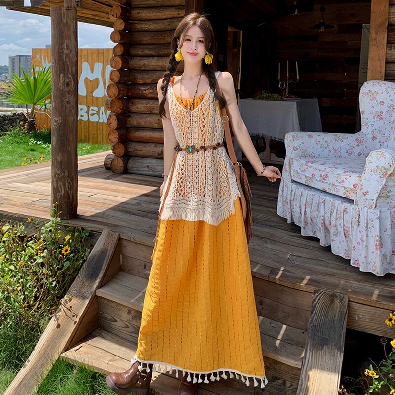 Yunnan Travel Outfit for Women: Yellow Tassel Strap Dress with a Hollow-Out Cover-Up Two-Piece Set for Summer Beach Vacation