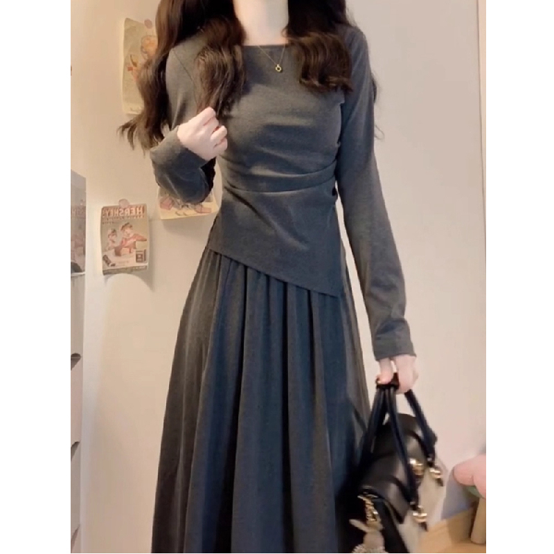 A High-End Outfit: a Complete Set of Gray Dresses, Autumn Style for Women, Vintage Waist-Cinching Slimming Long Skirt Suit A High-End Outfit: a Complete Set of Gray Dresses, Autumn Style for Women, Vintage Waist-Cinching Slimming Long Skirt Suit