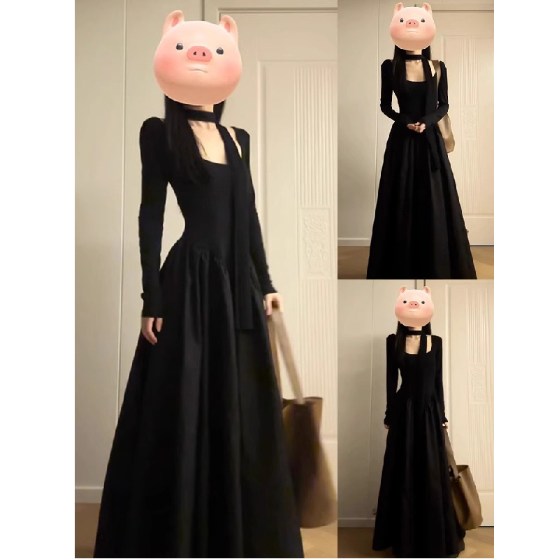 Hepburn Style Black U-Neck Ribbon Long-Sleeved Dress for Women Spring, Autumn and Winter New Style Inner Bottoming Hip-Covering Long Skirt