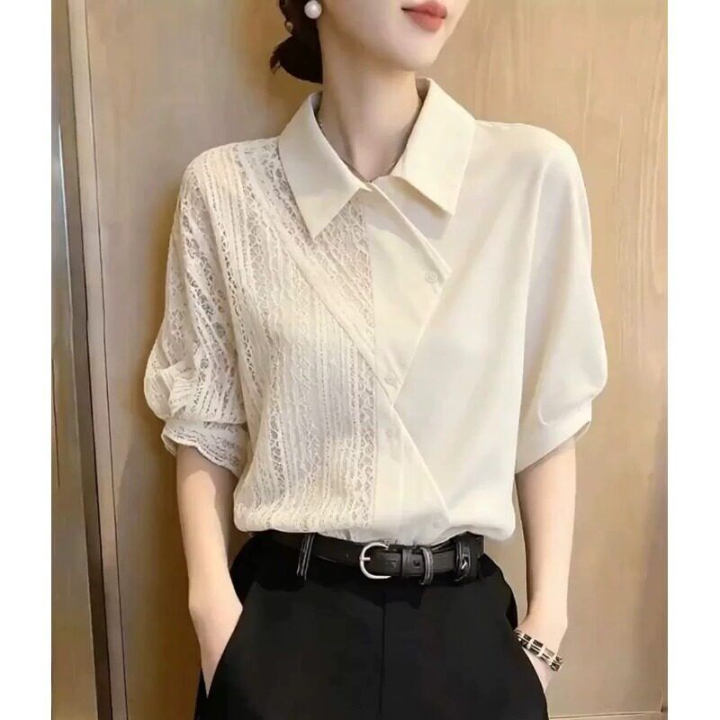 Old Money Style Lace Hollow-Out Patchwork Short-Sleeve Shirt for Women 2026 New Summer Trendy Blouse Shirt Women's Top Old Money Style Lace Hollow-Out Patchwork Short-Sleeve Shirt for Women 2026 New Summer Trendy Blouse Shirt Women's Top