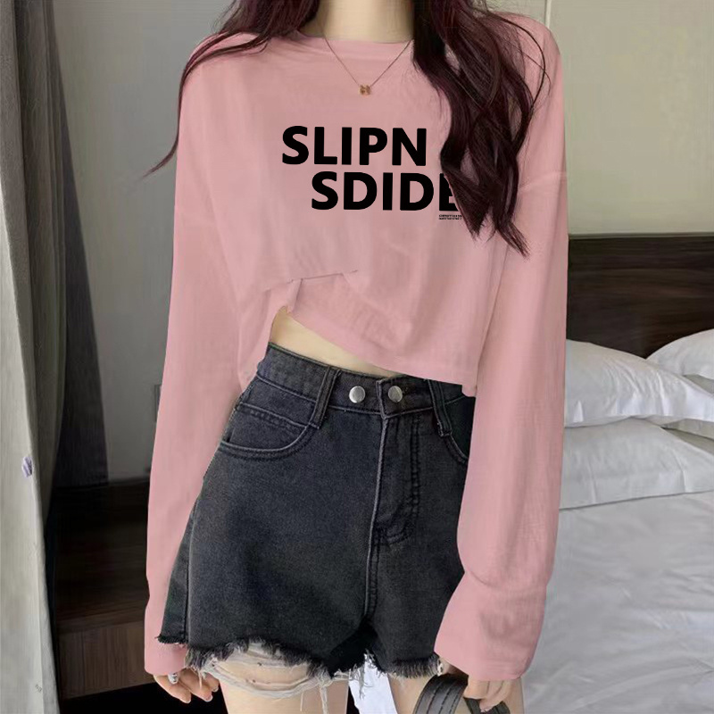 ins Super Popular Short T-Shirt for Women, Spring, Autumn, and Winter, High-Waisted Long-Sleeve Base Shirt, Korean Style Trendy Cropped Loose Top