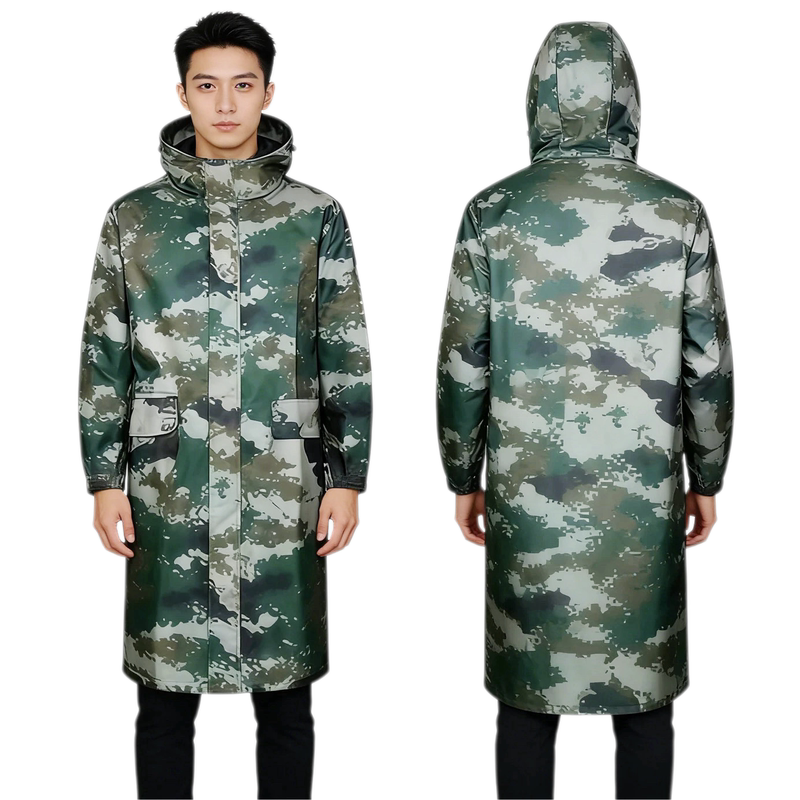 Camouflage Raincoat Ex07Z Long One-Piece Olive Green Split-Style for Fishing, Hiking, Mountaineering, Outdoor Sanitation, and Flood Control