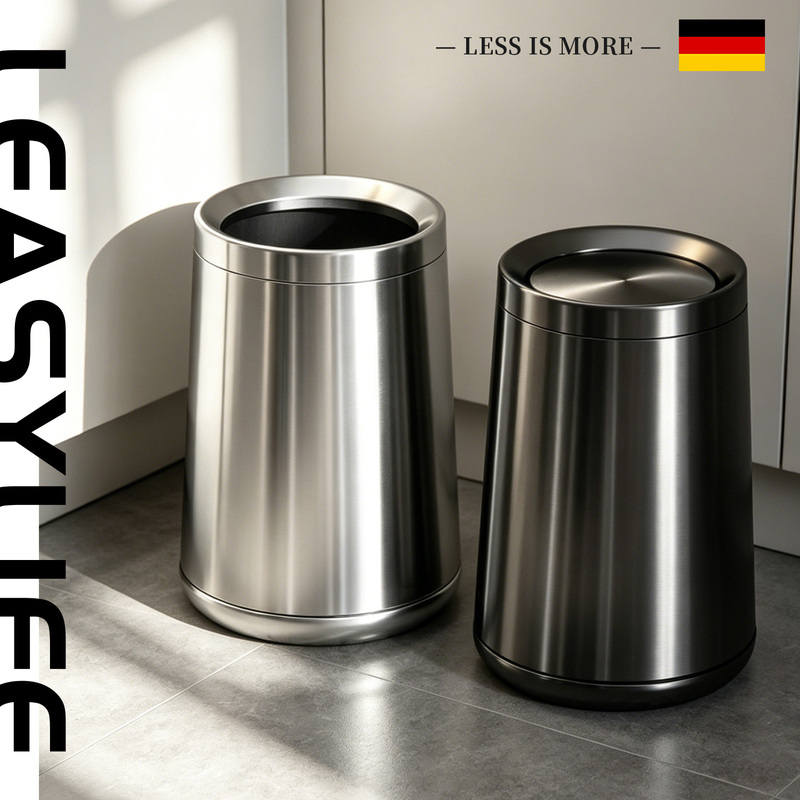 Stainless Steel Trash Can Bauhaus Style Living Room Kitchen Light Luxury High-End Industrial Style Metal with Lid High-End Household Wastebasket Stainless Steel Trash Can Bauhaus Style Living Room Kitchen Light Luxury High-End Industrial Style Metal with Lid High-End Household Wastebasket