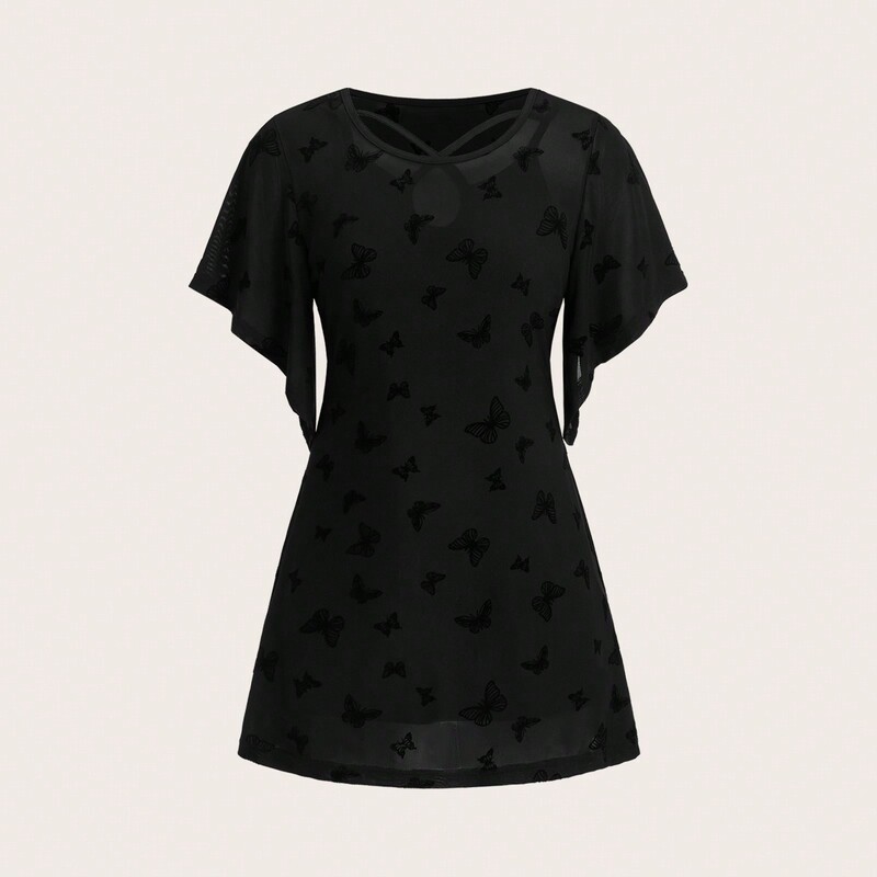 Shein Genuine Summer Women's Black Round Neck Fake Two-Piece Set with Flared Sleeves Long T-Shirt
