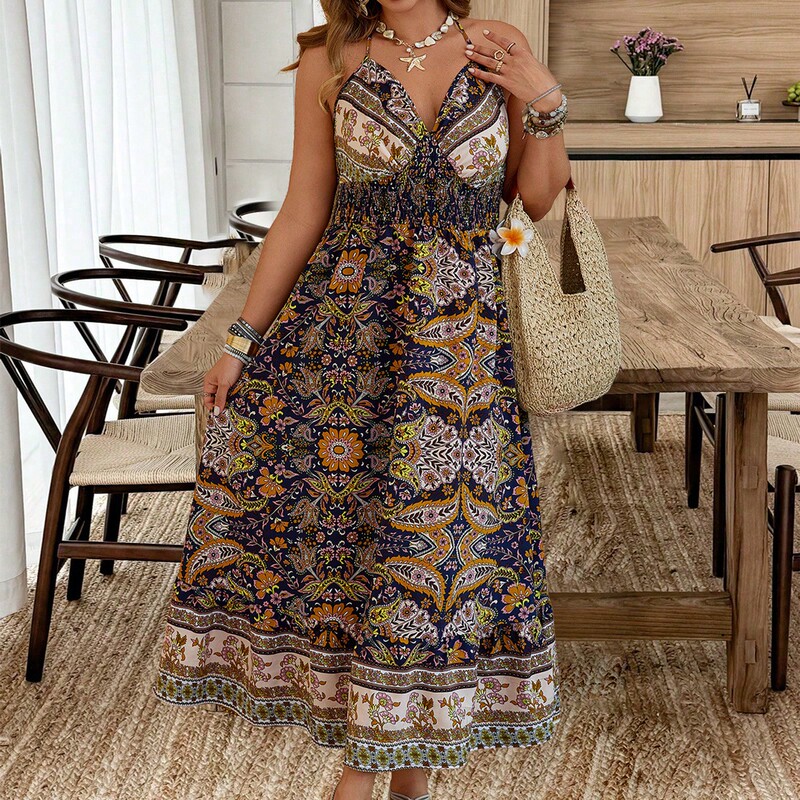 Shein Genuine Summer Women's Plus Size Spring and Summer Bohemian V-Neck Halter Dress