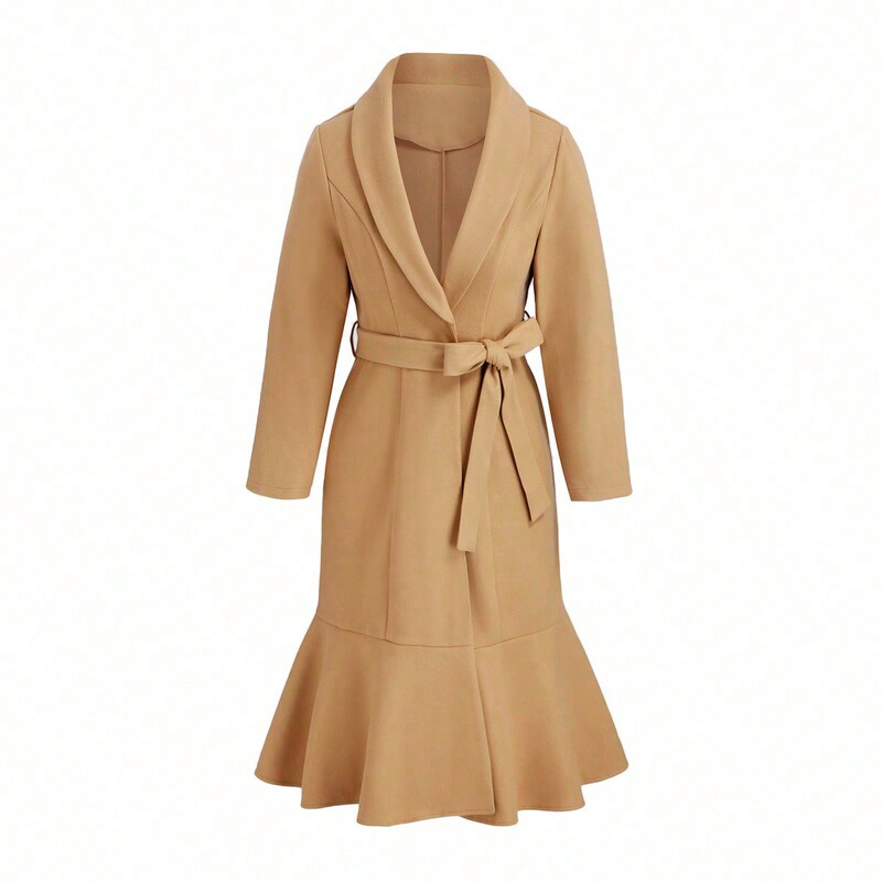 Shein Genuine Autumn Women's Plus-Size Khaki Notch Collar Long-Sleeve Tie-Waist Fishtail Coat Long Style